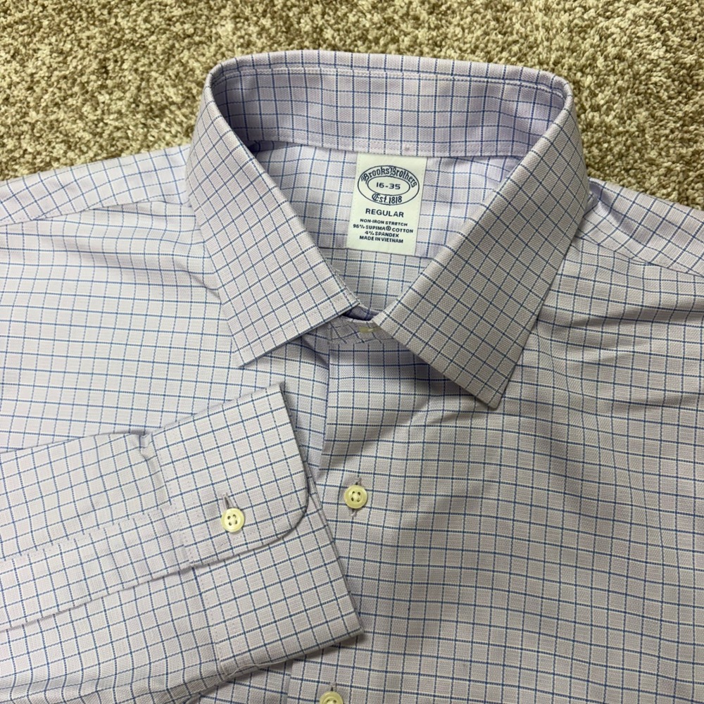 Brooks Brothers Button Down Shirt Mens 16-35 Regular Fit Tattersall Check Purple